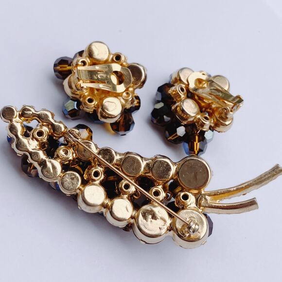 VTG Juliana Mid Century Cha Cha Brooch Earrings Set Gold Tone AB Beads Root Beer - Picture 8 of 14